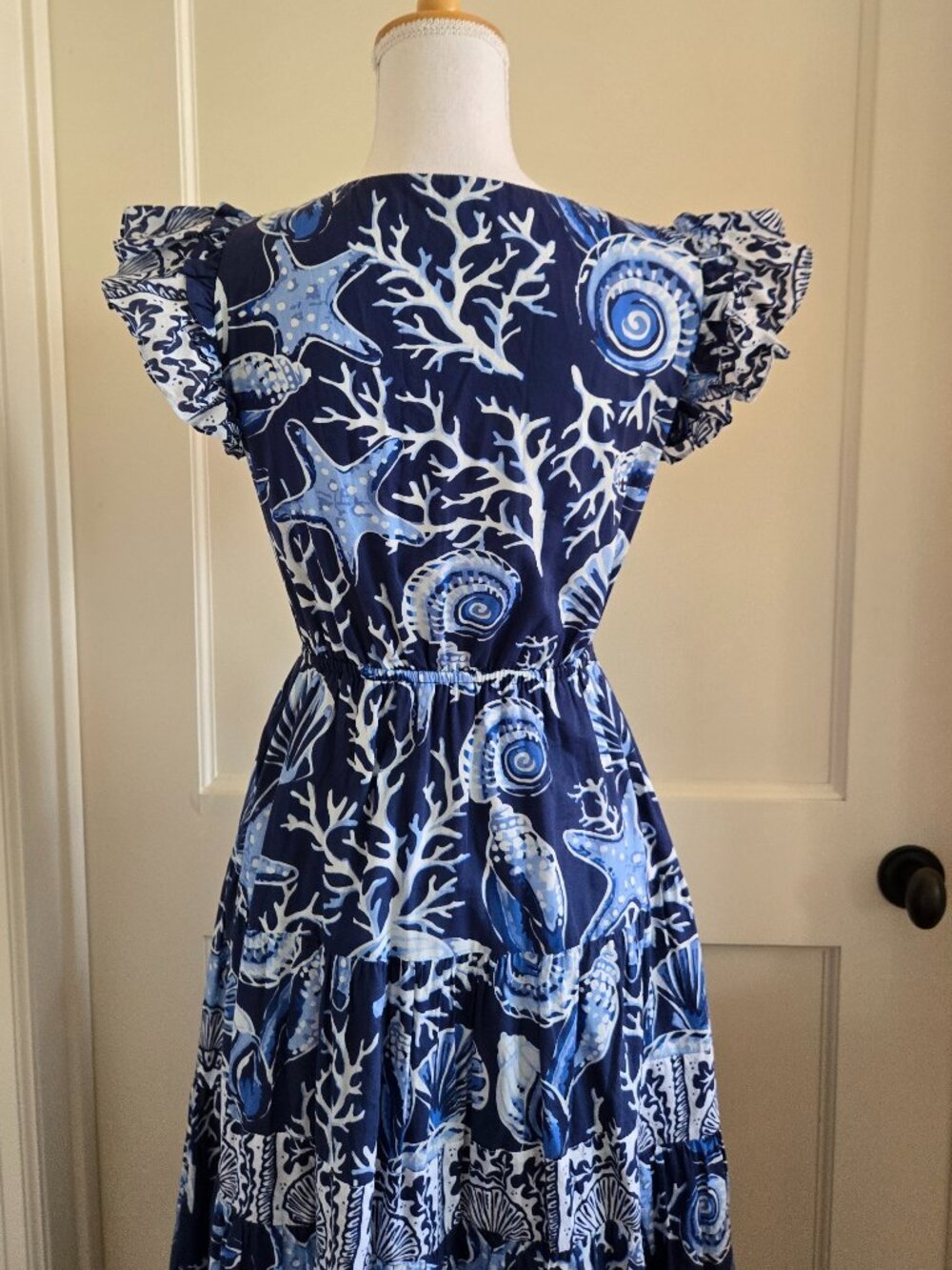 King + Pitt Navy Blue Sea Ocean Theme Ruffle Frill Cap Sleeve Maxi Dress Small - Picture 9 of 16